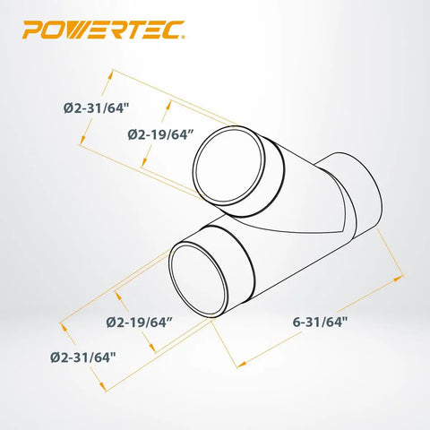 PowerPac 5 Piece Dust Collection Blast Gate Set Y fitting dimensions for seamless hose connections and airflow control.