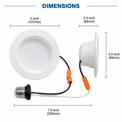 Dimensions of 12 Pack 4 Inch Retrofit LED Recessed Lighting with E26 Adaptor, showing size and connection details.