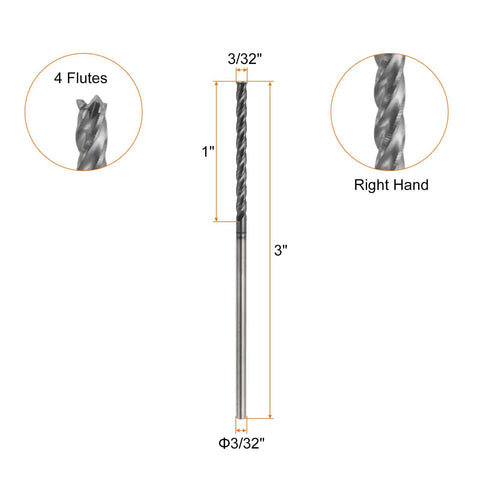 Carbide Square Nose End Mill Bit 3/32 Inch Shank 1 Inch Cutting Length 3 Inch Overall 4 Flutes TiAlN Coated Milling Cutter