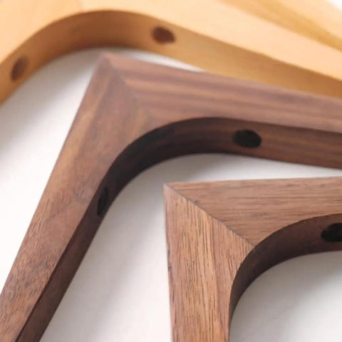 Heavy Duty L Corner Braces With Authentic Wood Grain Finish showcasing various wood tones and finishes for sturdy wall shelves.