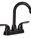 Oil Rubbed Bronze Stainless Steel Bathroom Faucet With Pop Up Drain Stopper And Deck Plate For 3 Hole Sink And 2 Handle Modern Vanity Fixture Easy To Install, shown with elegant curved design and dual handles.