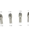8 Piece Rotary Tool Accessory Set Built Tough With Durable Stainless Steel Collets And Brass Chuck For Rotary Tools Includes 1mm, 1.6mm, 2.4mm And 3.2mm Collets displayed showing sizes