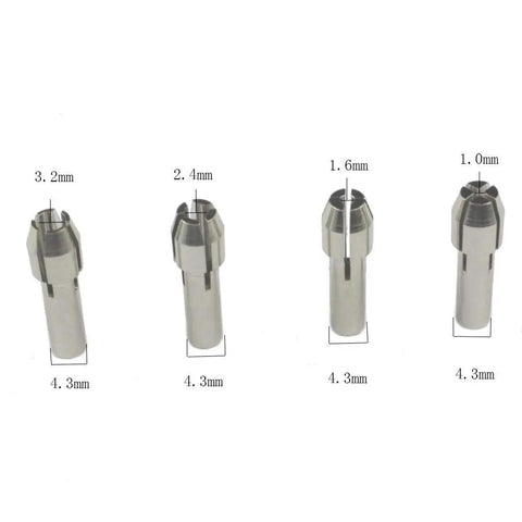 8 Piece Rotary Tool Accessory Set Built Tough With Durable Stainless Steel Collets And Brass Chuck For Rotary Tools Includes 1mm, 1.6mm, 2.4mm And 3.2mm Collets displayed showing sizes