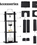 Top Tier Cold Brew Coffee Tower With Adjustable Dripper And Ice Water Reservoir, showing black wooden frame and glass parts.