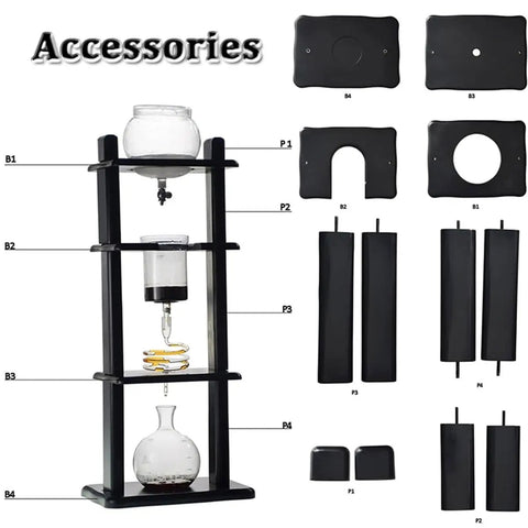 Top Tier Cold Brew Coffee Tower With Adjustable Dripper And Ice Water Reservoir, showing black wooden frame and glass parts.