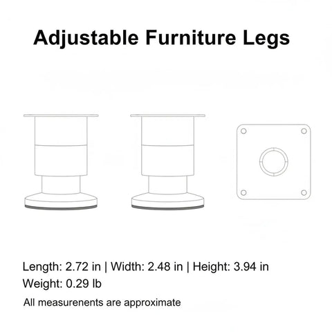 Diagram of Adjustable Stainless Steel Furniture Legs 1.5 To 9.8 Inch Leveling Feet For Cabinets And Sofas With Mounting Screws.