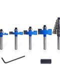 Top Shelf Four Piece Rabbet Router Bit Set With One Quarter Inch Shank And Six Interchangeable Bearing Inserts For Smooth Fine Carpentry Work Heavy Duty Solid Carbide Construction, showing precision bits and accessories.