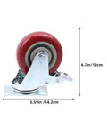 Red Swivel Caster Wheels Wear Resistant with Brake, 2pcs TPR Metal, side view with dimensions, 5.59in x 4.7in.