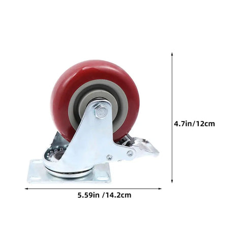 Red TPR Swivel Caster Wheels with Brake 2pcs for Furniture Parts, showing detailed measurements and features.