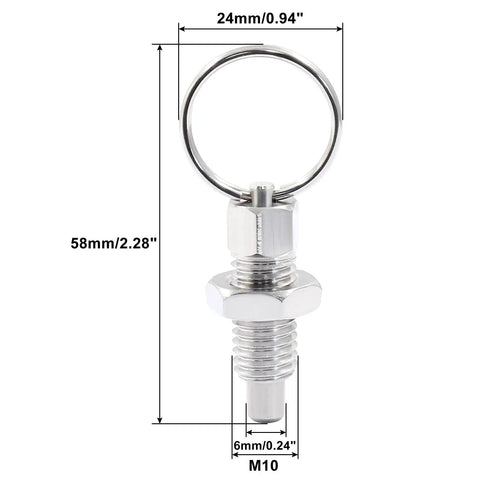 Six Pack Retractable Spring Plungers With Pull Ring M10 X 1.5 Thread Stainless Steel Non Lock-Out Knobs 58mm Length 24mm Ring Diameter