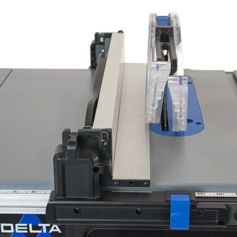 Close-up of the smooth rack and pinion fence on the Trusted Contractor Workhorse 10 Inch Table Saw for precise adjustments.