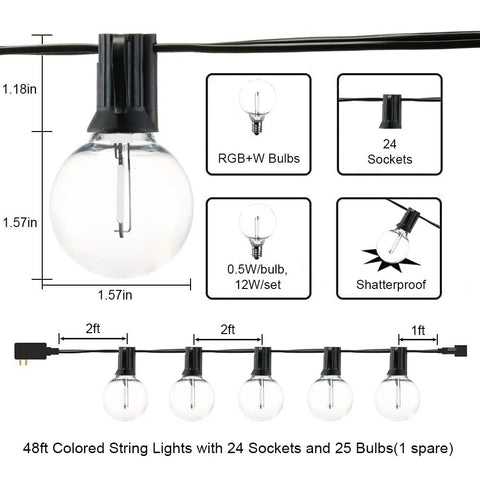 48Ft Outdoor String Lights With Warm White And RGB 2 In 1 Bulbs Remote Dimmer Shatterproof Bulbs for patio deck garden parties