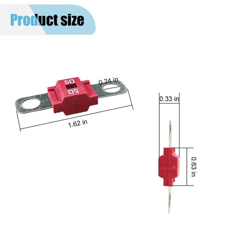 Street Tested Midi Fuse Holders With 50 Amp Fuses, 2 Pack showing product size and dimensions for secure automotive wiring.