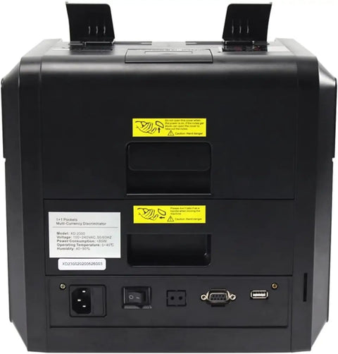 Back view of Money Counter Machine With Denomination Sorting And Built In Printer LCD Display Fake Money Detector Multicurrency Support USD EUR GBP CNY INR RUB THB Easy SD Card Updates Must Have Pro Grade Cash Counting For Busy Retail showing power, USB, and network ports.