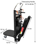 Heavy Duty Electric Stair Climbing Dolly Cart With 551 Lb Capacity And Powerful Motor System shown with dimensions and telescoping handle.