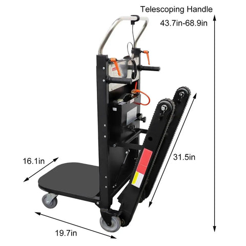 Heavy Duty Electric Stair Climbing Dolly Cart With 551 Lb Capacity And Powerful Motor System shown with dimensions and telescoping handle.