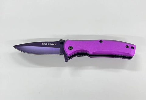 Custom Engraved Pocket Folding Knife For Groomsmen Gift with purple handle and blue blade, 4.75 inches closed, shown open