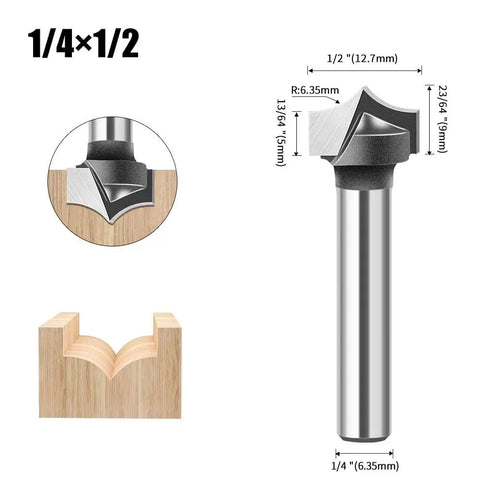 Heavy Hitter 4 Piece Point Cutting Roundover Router Bit Set With Tough 1/4 Inch Shank and Razor Sharp Carbide Blades for Slick Woodworking - 1/4 x 1/2 inch bit shown.