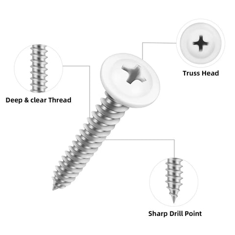 Heavy Duty White Truss Head Wood Screws 120 Piece Pack With Phillips Drive And Included Screwdriver Tool with deep threads and sharp drill point.