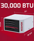 30K BTU Horizontal Propane Forced Air Garage Heater Heavy Duty Powerhouse dimensions with design details on a red background.