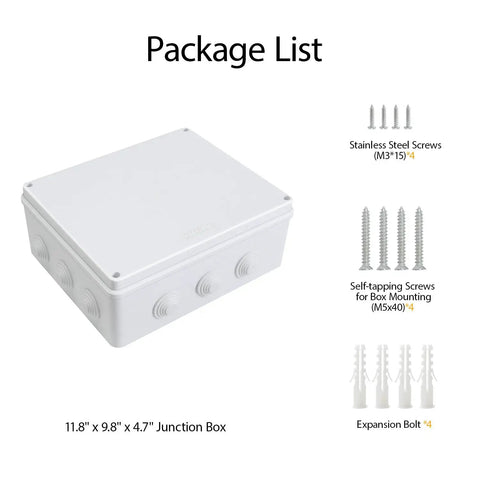 Package contents of Rugged ABS Plastic IP65 Weatherproof Electrical Junction Box Enclosure For Outdoor Projects Dustproof Waterproof