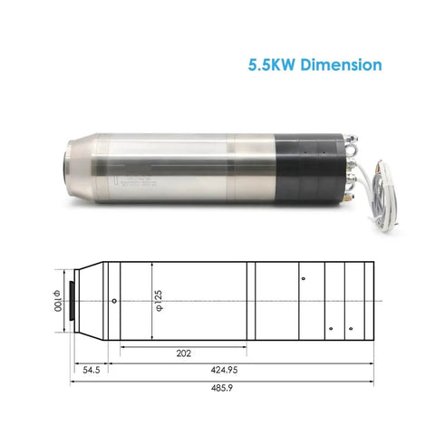Built Like A Tank 5.5 Kilowatt BT30 Pneumatic Spindle Motor side view with dimensions for CNC router applications.