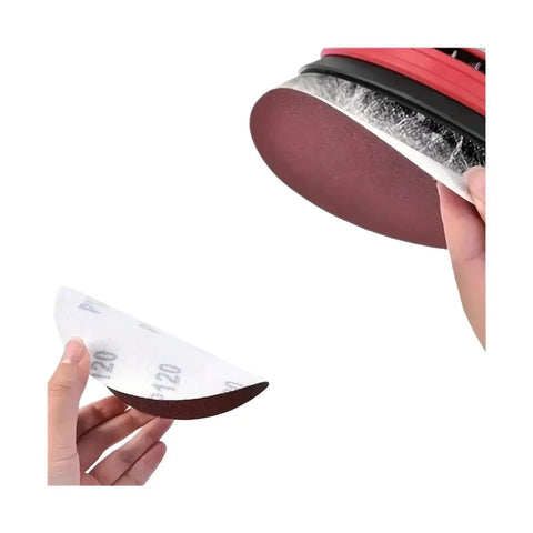 Premium 125mm Hook And Loop Sanding Discs Fit Orbital Sanders Perfectly showing 120 grit sanding disc being attached.
