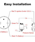 WaterWich 52mm oil pressure gauge kit (0-150 PSI) for DC12V vehicles; wiring shows red to ignition, black to battery