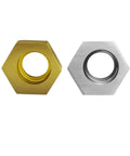 Six Piece Hex Eccentric Fixture Clamps Set, Stainless Steel Workholding Clamps With Nuts For Quick, Strong Secure Machining, M4 Through M16 Thread Sizes, Cam Mechanism Design For Easy Operation And High Efficiency, showing hex nuts in stainless steel and golden finish