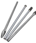 Set of four tungsten carbide rotary burrs with 6mm shanks; varied tip shapes, 150–160mm length