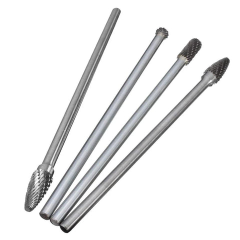 Set of four tungsten carbide rotary burrs with 6mm shanks; varied tip shapes, 150–160mm length