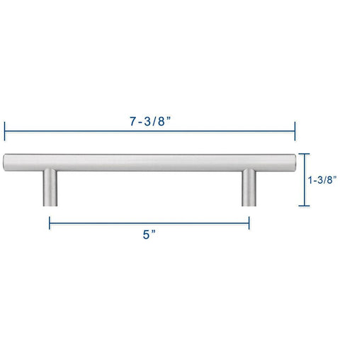 Front view of cabinet pull with 5 inch hole center, satin nickel finish; labeled dimensions 7-3/8 inch length, 1-3/8 inch projection