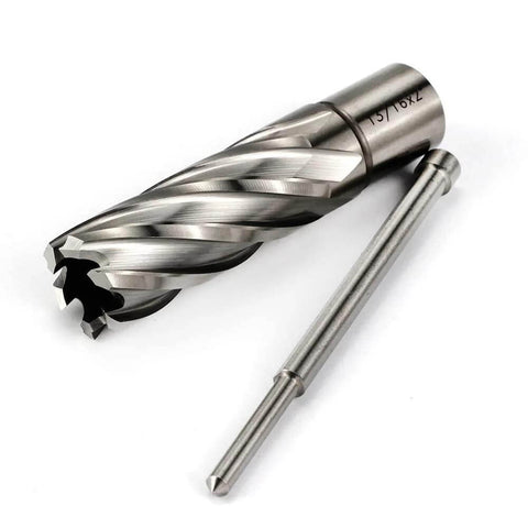 Two pieces: Oscarbide 13/16-in annular cutter and Weldon shank with pilot pin for magnetic drill press.