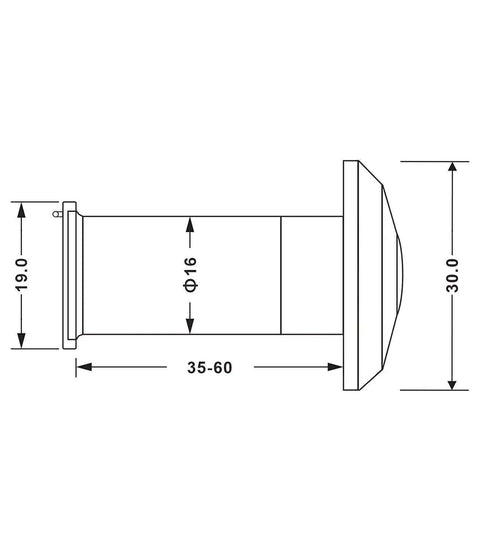 Diagram of Solid Brass Door Peephole Viewer with 200-degree wide angle, showing dimensions for 1 3/8 to 2 1/6 inch doors