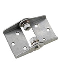 Angled front view of stainless steel adjustable damping hinge with four mounting holes