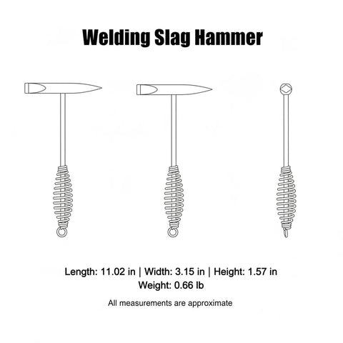 Diagram of Dual Head Welding Slag Hammer For Metal Fabrication with pointed tip and flat edge, specifications shown.