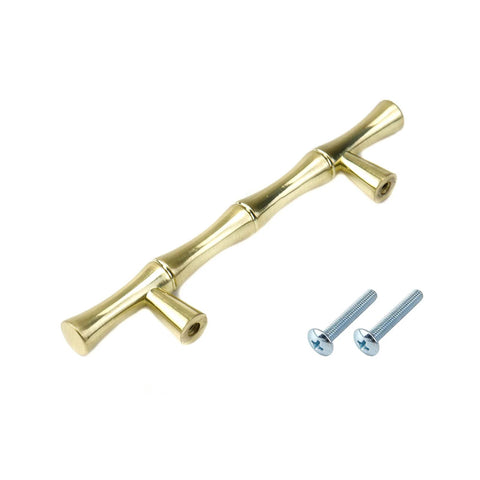 Bamboo Shape Zinc Alloy Drawer Pulls In Brushed Gold Finish 4.96 Inch Length 3 Inch Center To Center Hole Distance with screws