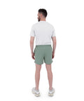 Back view of man wearing 2 In 1 Running Shorts With Built In Liner For Men, 5 Inch Inseam, Woven Stretch Quick Dry Fabric, Hedge Green.