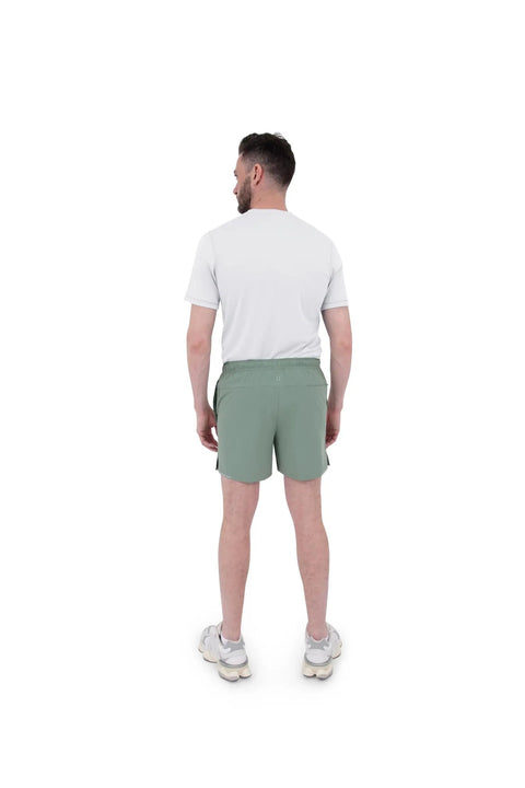 Back view of man wearing 2 In 1 Running Shorts With Built In Liner For Men, 5 Inch Inseam, Woven Stretch Quick Dry Fabric, Hedge Green.