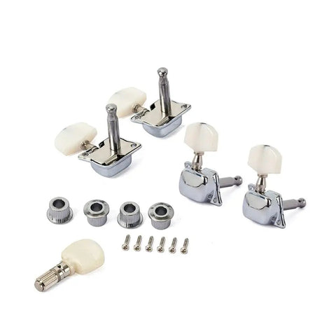 Five Piece Banjo Tuning Pegs Set With Semiclosed Machine Heads Chrome And White Finish Includes Bushings And Mounting Screws