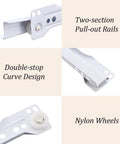Heavy Duty Bottom Mount Drawer Slides For Furniture, 12 Inch White Steel Cabinet Tracks detailed view showing two-section pull-out rails and nylon wheels.