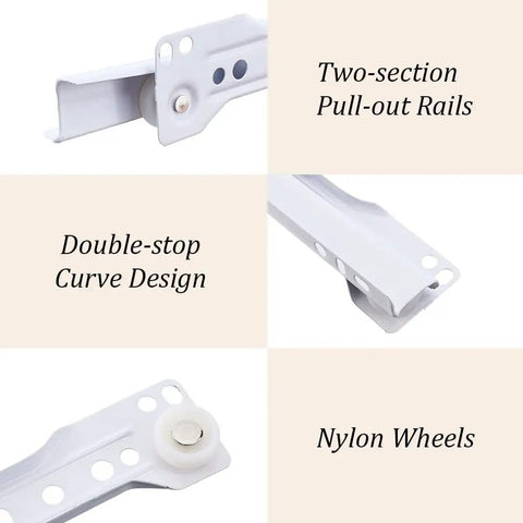 Heavy Duty Bottom Mount Drawer Slides For Furniture, 12 Inch White Steel Cabinet Tracks detailed view showing two-section pull-out rails and nylon wheels.