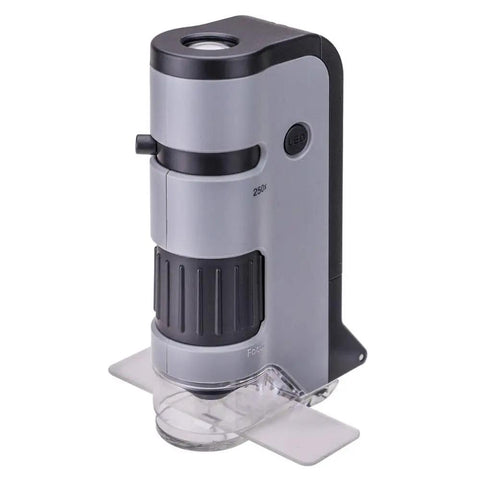 LED UV Pocket Microscope With 100x To 250x Zoom And Smartphone Clip Digiscoping A STEM Ed Tool For Students And Makers Delivers Sharp Images And Easy On The Go Documentation, gray handheld microscope