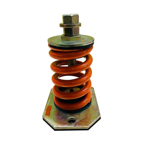 Heavy Duty Open Spring Mount Vibration Isolator With 1543 Lbs Capacity And One Inch Deflection Rock Solid Steel Construction no fuss installation for industrial machines pack of four orange pro grade shield, close-up view.