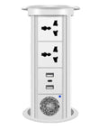 Waterproof Pop Up Power Strip With Smart Lifting Mechanism For Desk And Kitchen featuring USB ports and surge protection design.