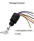 Package content of Boat Ignition Key Switch For Mercury Outboard Remote Control Box 3 Position Off Ignition Start 6 Wire Push To Choke Marine Starter Switch Fits Mercury 1994 And Up Motors 30 To 300HP OEM Quality Universal Fit, showing ignition switch with wires and two keys.