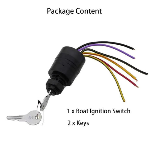 Package content of Boat Ignition Key Switch For Mercury Outboard Remote Control Box 3 Position Off Ignition Start 6 Wire Push To Choke Marine Starter Switch Fits Mercury 1994 And Up Motors 30 To 300HP OEM Quality Universal Fit, showing ignition switch with wires and two keys.