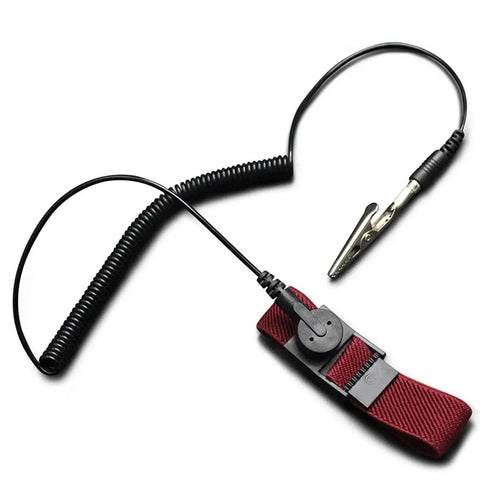 ESD Safe Anti Static Wrist Strap With Grounding Wire, adjustable red wristband, black coiled cord for PCB work.