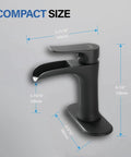 Matte Black Waterfall Bathroom Faucet With Pop Up Drain, Single Handle Deck Mount Vanity Tap, compact size measurements shown