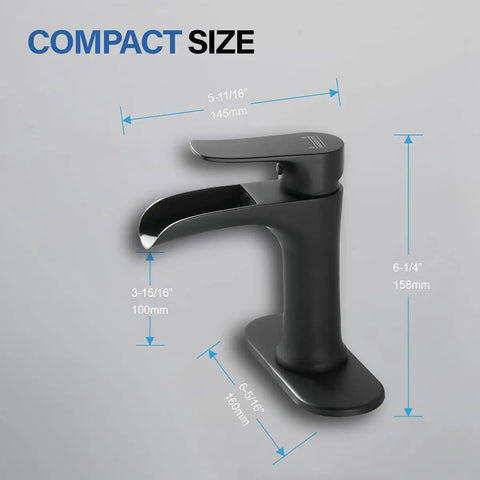 Matte Black Waterfall Bathroom Faucet With Pop Up Drain, Single Handle Deck Mount Vanity Tap, compact size measurements shown